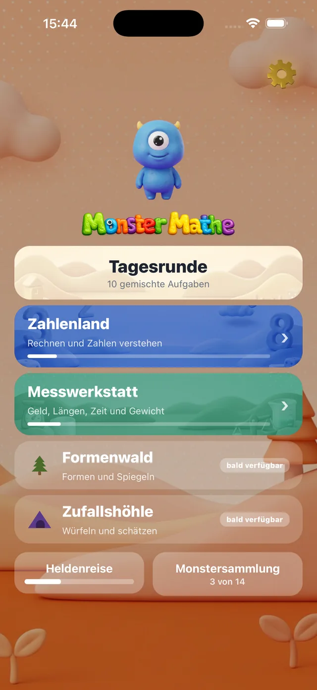 Startbildschirm von Monster Mathe mit Tagesrunde, Zahlenland und Messwerkstatt